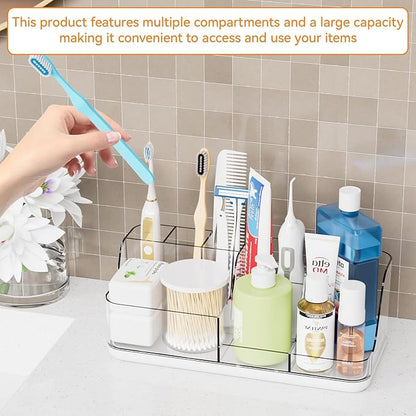 Yieach Mens Bathroom Organizer Countertop,Bathroom Sink Caddy Countertop Storage,White 7 Slot Vanity Bathroom Toiletry Organizers and Toothbrush Holders for Toothpaste,Electric Tooth Brush Organizer