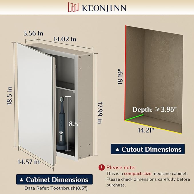 Keonjinn Small-Sized Medicine Cabinet 14.5 x 18.5 in, Assembly Required, Bathroom Medicine Cabinets Mirror, Lightweight, One Shelve Only, Surface Mount or Recessed, Tempered Glass
