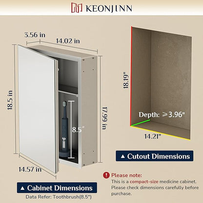 Keonjinn Small-Sized Medicine Cabinet 14.5 x 18.5 in, Assembly Required, Bathroom Medicine Cabinets Mirror, Lightweight, One Shelve Only, Surface Mount or Recessed, Tempered Glass