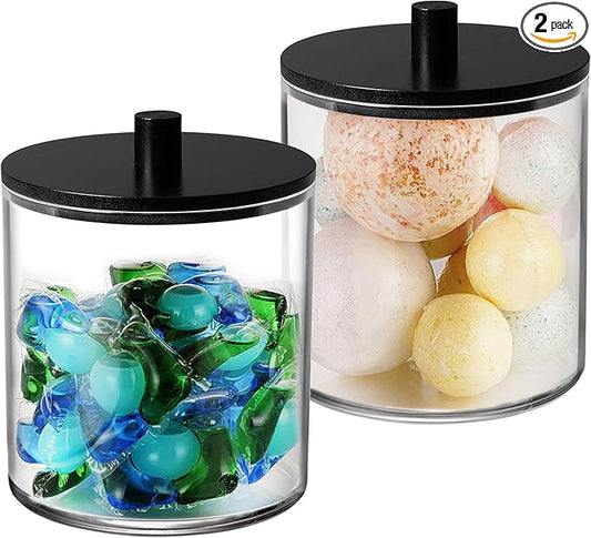 SheeChung 2 Pack 50 Oz Large Apothecary Jar with Bamboo Lid, Laundry Pods Container, Storage Jars for Bathroom Organization, Plastic Canisters with Cute Stickers Spoons(Black)