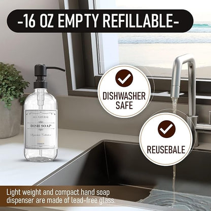 2 Pack Clear Glass Soap Dispenser 16 OZ with Matte Black Stainless Steel Pump, Hand and Dish Soap Dispenser Set for Bathroom and Kitchen Sink with 6 Waterproof Labels