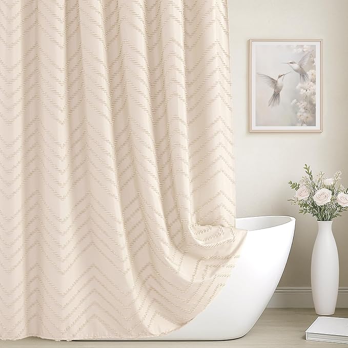 Small Stall Cream Boho Fabric Shower Curtain, 36x72 Half Size, Textured Tufted Chevron Striped Minimalist Cloth Bathroom Shower