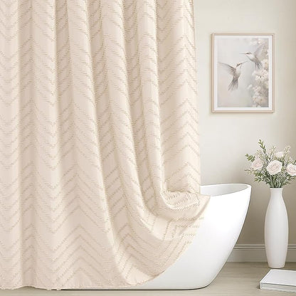 Small Stall Cream Boho Fabric Shower Curtain, 36x72 Half Size, Textured Tufted Chevron Striped Minimalist Cloth Bathroom Shower