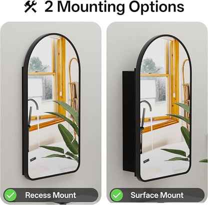 Arched Bathroom Medicine Cabinet with Mirror, No Assembly Needed, Recessed or Surface Mount Wall Storage Cabinet, Mirror Cabinet with Tissue Slot & 2X Magnifying Mirror (Black, 31.5"L x 19.7")