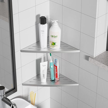 Corner Shower Shelf Brushed Nickel, 304 Stainless Steel 11.5” Recessed Corner Shelf Bathroom for Tiled Wall, Floating Shower Shelves Shampoo Holder, No Drilling, 2 Pack