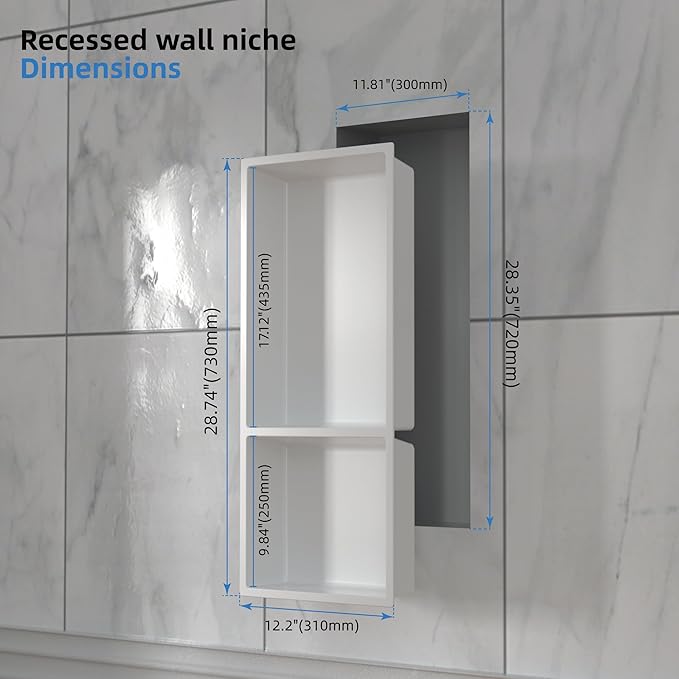 Shower Niche No Tile Needed, 12.2"x28.7"x3.8", Vertical Double Recessed Wall Niche, Bathroom Wall Niche Inserts, SMC Shower Shelf (White)