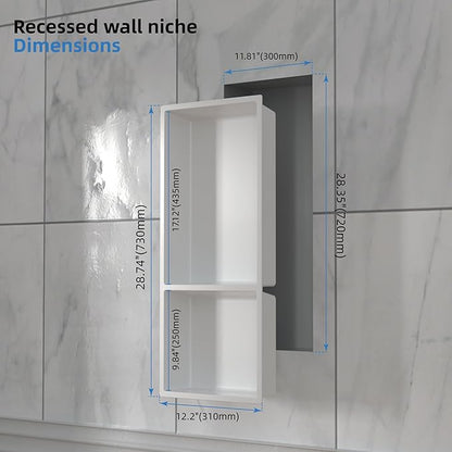 Shower Niche No Tile Needed, 12.2"x28.7"x3.8", Vertical Double Recessed Wall Niche, Bathroom Wall Niche Inserts, SMC Shower Shelf (White)