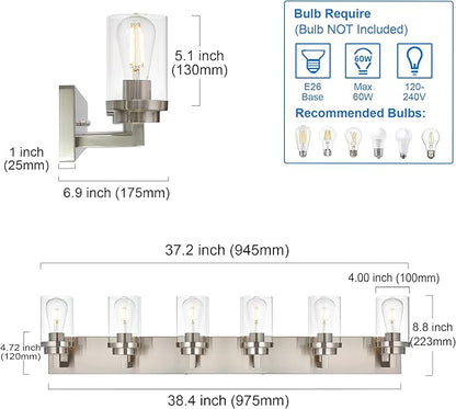 MELUCEE 6-Light Bathroom Lights Over Mirror in Brushed Nickel, Modern Industrial Vanity Lighting Fixture Indoor Wall Lights for Bath Kitchen Powder Room, Clear Glass Shade