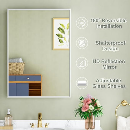 Buruis 20" x 28" Framed Medicine Cabinet with Mirror, Recessed or Wall Mounted Bathroom Cabinet, Adjustable Tempered Glass Shelves, Left/Right Open Reversible, No Assembly Required, White