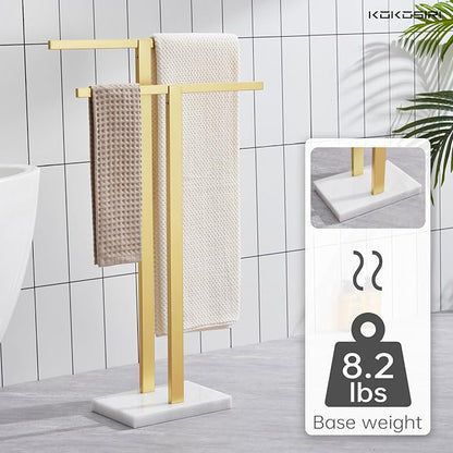 KOKOSIRI Bathroom Towel Rack 2-Tier Standing Towel Bars with Marble Base, Stainless Steel Freestanding Towels Holder, Thicken Steady Design, Brushed Gold THS0003-BG