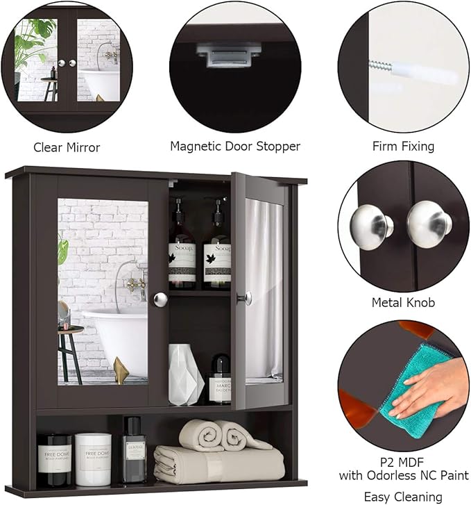 Tangkula Bathroom Medicine Cabinet with Mirror, Wall Mounted Wooden Hanging Organizer with Doors and Shelves, Bathroom Wall Mirror Cabinet (Mirror Doors, Brown)