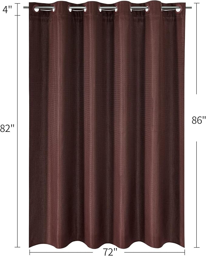 MitoVilla No Hooks Required Extra Long Shower Curtain Liner Set, 86 inch XL Brown Waffle Heavyweight Fabric Cloth Shower Curtains Set with Snap-in Liner for Modern Luxury Hotel & Spa Bathroom Decor