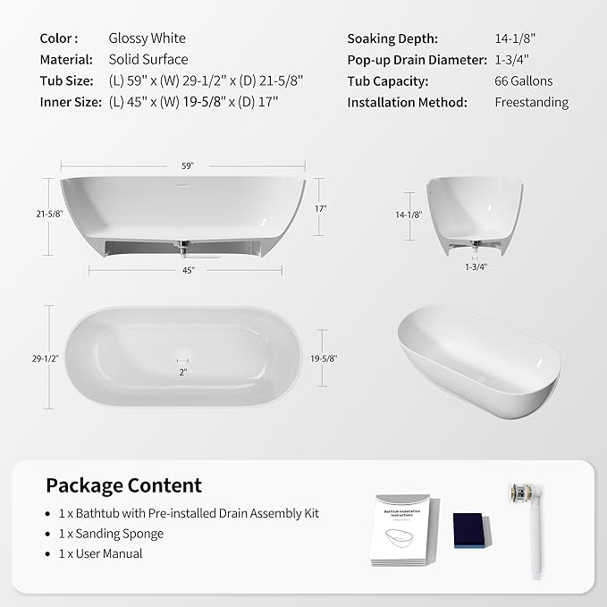 Abruzzo 59" Free Standing Solid Surface Resin Stone Bathtub, Contemporary Oval Soaking Tub with Overflow and Pop-up Drain, cUPC Certified，Matte White