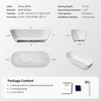 Abruzzo 59" Free Standing Solid Surface Resin Stone Bathtub, Contemporary Oval Soaking Tub with Overflow and Pop-up Drain, cUPC Certified，Matte White