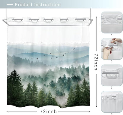 No Hook Green Shower Curtain with Snap in Fabric Liner，72Wx72H Inch Nature Mountain，Hookless Double Layer Shower Curtain and Liner Set，Pine Tree Scenery Waterproof Cloth Shower Curtains Washable