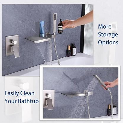 Taplong Wall Mount Tub Faucet with Waterfall Tub Spout Wall Mounted Bathtub Faucet with Handheld Shower Single Handle Tub Filler, Shower Faucet Set with Rough-In Valve, Brushed Nickel,91266BN