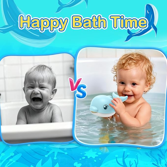 Bath Toys, Light Up Dolphin Baby Bath Toys for Babies 6-12 12-18 Months, Rechargeable Sprinkler Musical Toys, Easter Basket Stuffers Bathtub Toys for Toddlers 1-3 2-4 Boys Girls Infant Kids- Blue