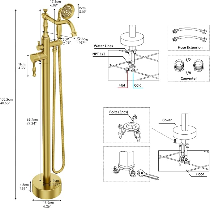 Brushed Gold Bathtub Faucet Freestanding Tub Filler High Pressure Single Handle Bathtub Filler Floor Mounted Brass Bathroom Tub Faucets with Handheld Shower