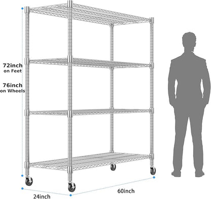 Homdox 4-Tier Heavy Duty Metal Shelves with Wheels - 2400LBS Commercial Adjustable Shelves for Garage, Pantry, Kitchen - 24"x60"x72", Chrome