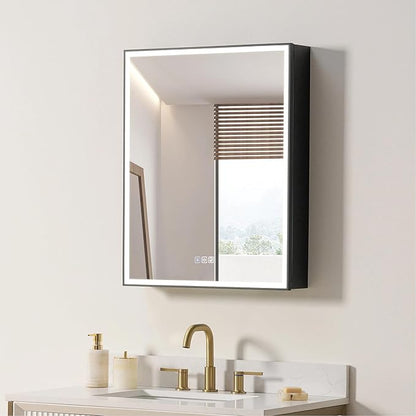 WELLFOR 24" X 30" LED Mirrored Medicine Cabinet, Medicine Cabinets with Lights for Bathroom, Defogging Function Mirror Cabinet, Bathroom Medicine Cabinet with USB Port & Outlet, Left Opening Doors