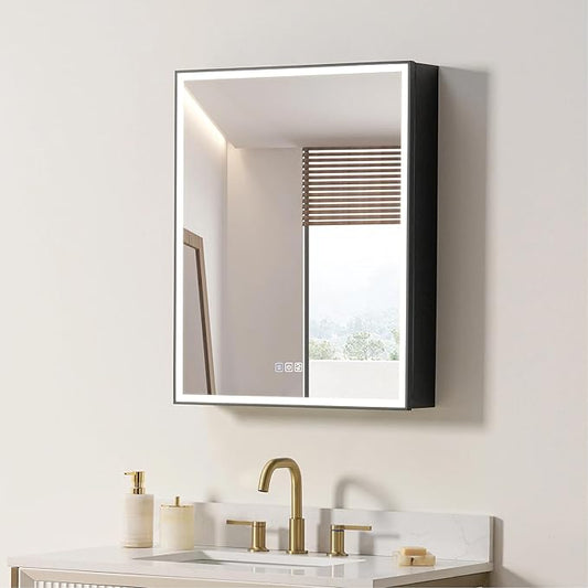 WELLFOR 24" X 30" LED Mirrored Medicine Cabinet, Medicine Cabinets with Lights for Bathroom, Defogging Function Mirror Cabinet, Bathroom Medicine Cabinet with USB Port & Outlet, Left Opening Doors