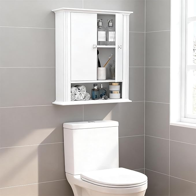 White Wall Cabinet, Over The Toilet Storage Cabinet, Bathroom Cabinet Wall Mount, 2 Doors & Hooks, Medicine Cabinet Organizer, Hanging Wall Cabinet Cupboard for Kitchen Laundry Room White