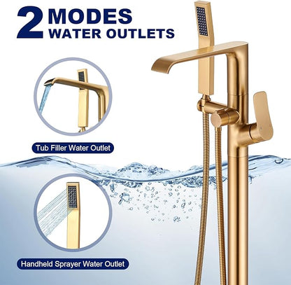 Floor Mount Tub Faucet Gold: Freestanding Bathtub Faucet with Handheld Spray Head - Gold Tub Filler Shower Faucet Set 360 Degree Swivel Waterfall Spout - Beelee