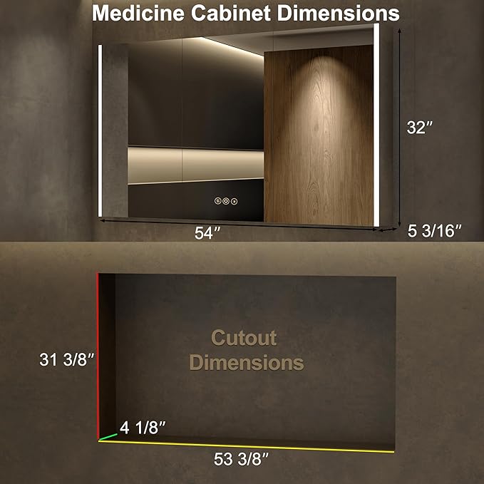 Medicine Cabinet with LED Lights and Mirror, 54 x 32 Inch Surface or Recessed Mounted Bathroom Cabinets with Door, Defogger, Memory Function, 3-Color Mode, Outlet&USB, Dimmer, Storage Shelf