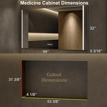 Medicine Cabinet with LED Lights and Mirror, 54 x 32 Inch Surface or Recessed Mounted Bathroom Cabinets with Door, Defogger, Memory Function, 3-Color Mode, Outlet&USB, Dimmer, Storage Shelf