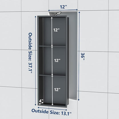 Neodrain 12X36 Inch Shower Niche, Gun Metal 3-Tier Stainless Wall Niche NO Tile Needed Recessed for Bathroom Storage Insert Shower Wall Cabinet Waterproof