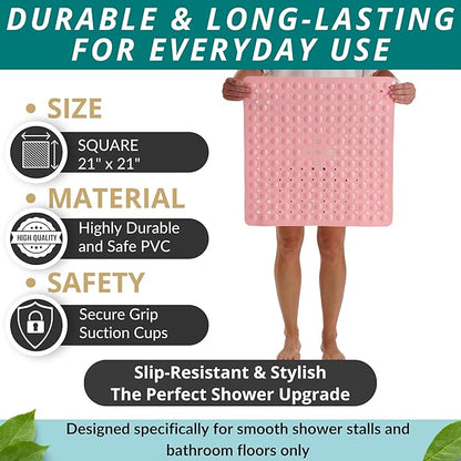 ENKOSI Square Shower Mat – 21 x 21 Inch Non-Slip Mat with Suction Cups and Drain Holes – Anti-Slip Square Bathroom Bathtub Shower Mats for Inside Shower (21x21 Baby Pink)