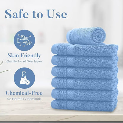 DAN RIVER 12-Pack Premium 100% Cotton Medium Blue Face Towels – Reusable Face Towel Set, Soft & Absorbent washcloths for Showering – Hand and Face Towels, 550 GSM (12x12 in)