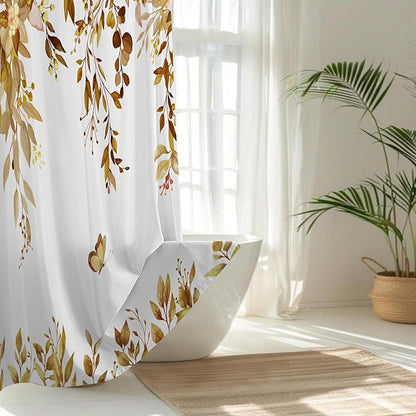 No Hook Shower Curtain and Liner Set, Yellow Eucalyptus Floral Shower Curtains for Bathroom, Bath Curtain Sets with Snap in Liner, Waterproof with See Through Top Window, 71x84 Inches