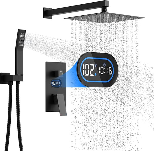 Shower Faucet Set with Hydro Power Temperature Display, Shower System Bathroom 12 Inches Shower Head with Handheld Spray, Wall Mounted Shower Fixtures with Shower Valve and Trim Kit, Matte Black