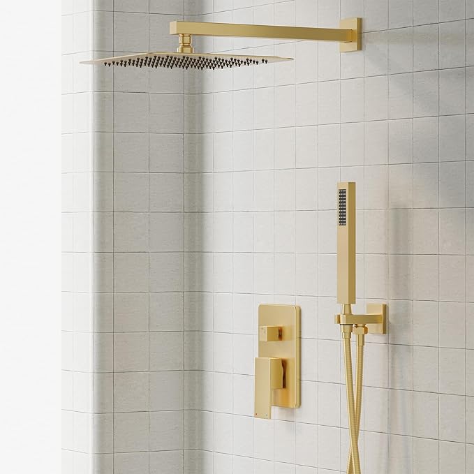 Gabrylly Shower System Gold, Rainfall Shower Faucet Set Complete, 12" High-Pressure Stainless Steel Rain Showerhead with handheld Shower Spray Combo, 2 Way Valve Included, Brushed Gold