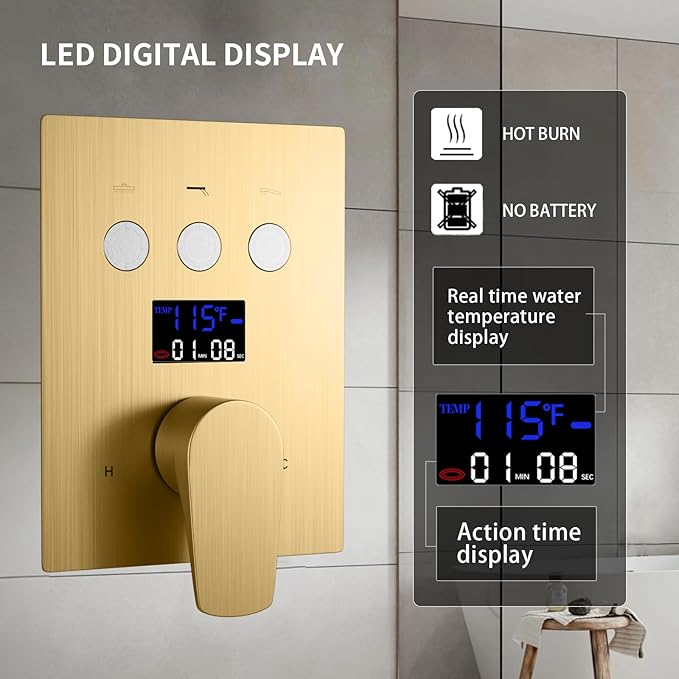 Bathroom shower system Ceiling 14x20 inch shower head, spray with handle, 6 PCS Body Jet and Handheld, temperature display shower faucet set (Brushed Gold)