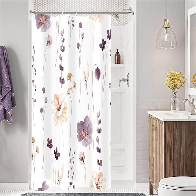 Gibelle Small Stall Shower Curtain 36 x 72, Narrow Half Watercolor Floral Fabric Shower Curtain, Plum Beige Flower Decorative Bathroom Shower Curtain Set