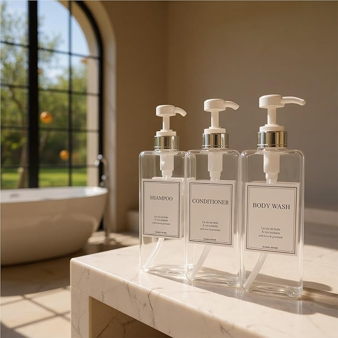 Modern Design Shampoo and Conditioner Dispenser, Large 27oz Shower Soap Dispenser, Set of 3 Refillable Empty Plastic Pump Bottles for Bathroom, 6 Waterproof Labels Included, (Clear & Silver)