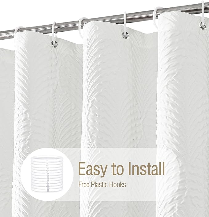 Gibelle White Shower Curtain for Bathroom, 3D Embossed Textured Fabric Curtain, Modern Farmhouse Chic Soft Cloth Set with Hooks, 72x72