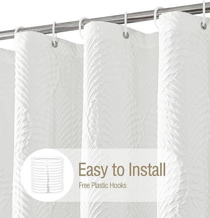 Gibelle Extra Long Shower Curtain 72 x 84, Tall 3D Embossed Textured White Fabric Shower Curtain, Modern Farmhouse Chic Soft Cloth Bathroom Curtains Shower Set with Hooks