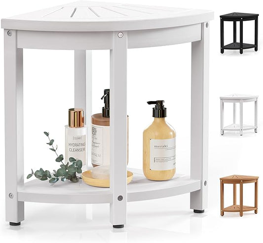 Waterproof Corner Shower Stool for Inside Shower, Poly Lumber Shower Bench Seat Chair, Bath Shower Stool for Shaving Legs Foot Rest with Storage Shelf, Adjustable & Non-Slip Feet, White