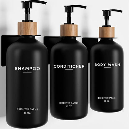 Black Shampoo and Conditioner Dispenser Set Wall Mounted by Brighter Barns - Shampoo Dispenser for Shower Wall 3 Chamber No Drill - Shower Bottles Refillable with Labels for Bathroom, Airbnb (Black)