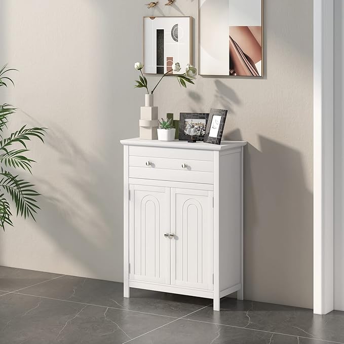 COSTWAY Bathroom Floor Cabinet, Wooden Side Storage Organizer w/Larger Drawer, Adjustable Shelf & 2-Door Cupboard, Freestanding Storage Cabinet for Living Room, Kitchen, Entryway (White)