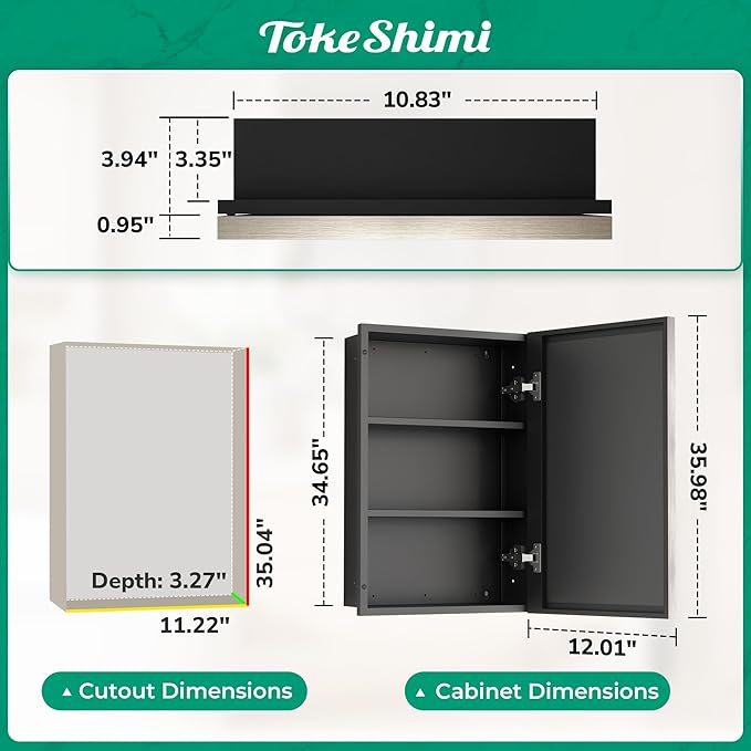 TokeShimi 12x36 Recessed Medicine Cabinet with Mirror Surface Mount, Bathroom Beveled Mirror with Storage Adjustable, Aluminum Framed Metal Brushed Nickel Medicine Cabinet Mirrored