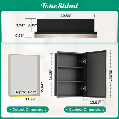 TokeShimi 12x36 Recessed Medicine Cabinet with Mirror Surface Mount, Bathroom Beveled Mirror with Storage Adjustable, Aluminum Framed Metal Brushed Nickel Medicine Cabinet Mirrored
