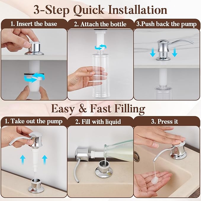 Built in Soap Dispenser for Kitchen Sink Countertop, Solid Brass Pump Head Long Spout with 10.2 Ounce PET Food Safe Material Lotion Bottle, Chrome Finish