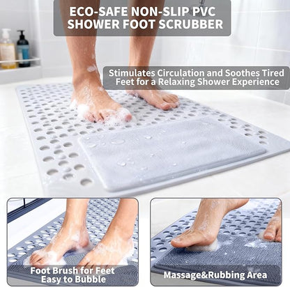 Bath Tub Shower Mat with Soft Shower Foot Scrubber Mat for Massage,Non Slip Bathtub Mat with Strong Suction Cups, Silicone Shower Foot Scrubber Mat (Gray, 35.4" X 23.6"(Rectangular))