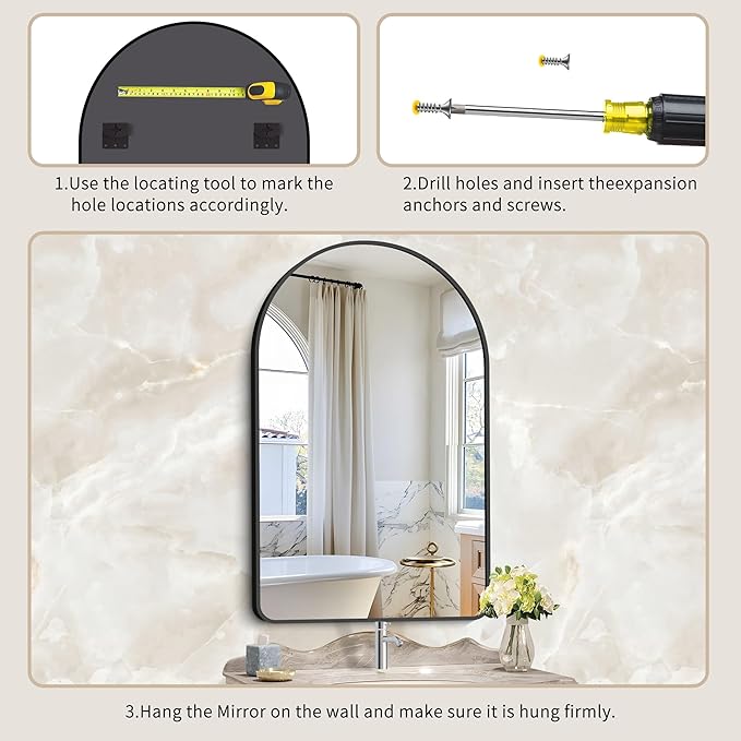 GLASHOM Arched Bathroom Mirror, 30"x48" Black Arched Mirror for Bathroom, Wall Mounted Mirror, Black Vanity Wall Mirror w/Metal Frame for Bedroom, Entryway, Living Room, Vertically Hanging