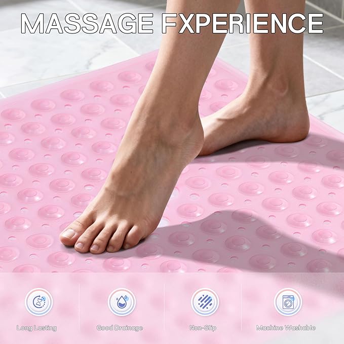 Anti-Slip Bathtub Shower mat, 20.8×20.8（Approximately 53×53cm） inch Soft Oversized Machine Washable Non-Slip Bathtub mat with Drainage Holes, Bathroom Floor Suction Cup.（1-Clear Pink）