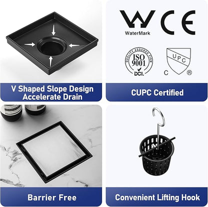 Square Shower Drain 6", Matte Black Floor Drain with Tiled Insert Grate & Hair Strainer, 304 Stainless Steel Bathroom 2-in-1 Tiled in Drain, CUPC Certified (Matte Black, 6'')